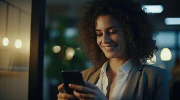 A woman smiling while using her phone photo