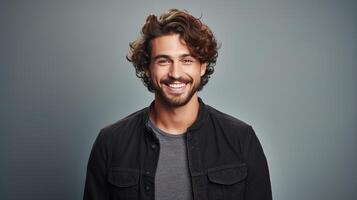 Portrait of a handsome young man with curly hair and beard on gray background photo