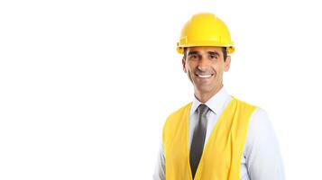 A man in a yellow hard hat and tie photo