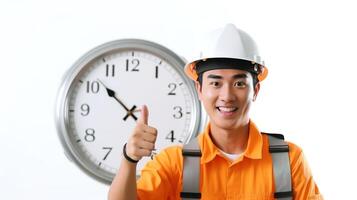 Asian construction worker with clock photo