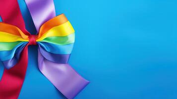 A rainbow colored ribbon tied to a blue background photo
