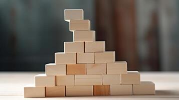 A wooden pyramid made from blocks on a table photo