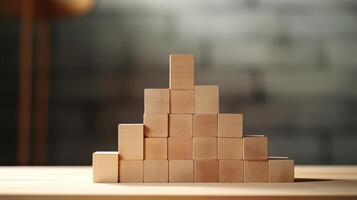 A wooden pyramid of blocks on a table photo
