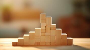 A wooden pyramid made of blocks on a table photo