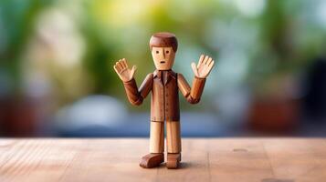 Wooden man with hands up on table photo