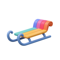 A colorful sled with a blue frame and rainbow back is shown in a 3D rendering, likely used for winter recreation and decoration. png