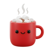A red mug with a cute face is filled with hot cocoa, topped with marshmallows, and steam is rising above it, often enjoyed during the winter season. png
