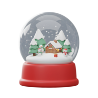 This festive snow globe contains a cozy cabin, snow covered trees and cute snowmen, creating a charming winter scene for holiday decoration. png