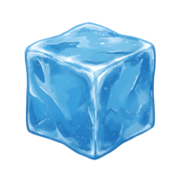 A single, translucent blue ice cube is depicted in a digital illustration, ideal for visualising coldness or refreshment. png