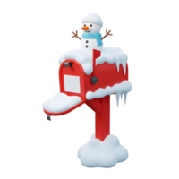A snowman stands on top of a snow-covered red mailbox, adding a touch of winter cheer to the festive season for holiday decoration. png
