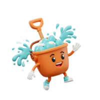 A cheerful cartoon bucket character with a shovel is splashing water, portraying a fun and playful element for illustrations or animations. png