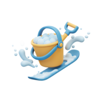 A cartoon bucket filled with bubbles rests on a snowboard with splashes of liquid, suggesting a playful and whimsical use in illustrations. png