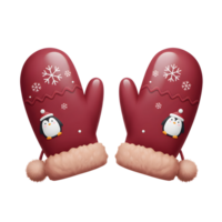 A pair of red winter mittens decorated with a penguin, snowflakes, and a fur trim provide warmth during the cold season. png