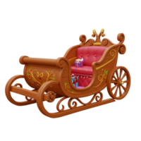 A wooden sleigh with red cushioned seating carries wrapped gifts, making it ideal for holiday displays. png