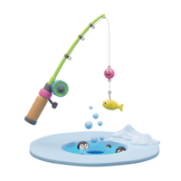 A fishing rod is casting a line to catch a fish near penguins in a body of water, creating a playful and whimsical scene for children's illustrations or educational materials. png