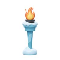 A 3D render of a torch topped with a flame and surrounded by snow, creating a cold and warm contrast for decorative purposes. png