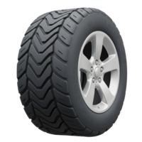 A gray car tire with a complex tread pattern sits alongside a five-spoke silver rim, ready for vehicle installation and use. png