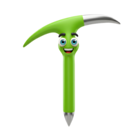 A green cartoon ice axe with a smiling face stands against a white background, making it suitable for adding charm to adventurous content. png