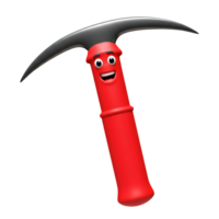 A 3D cartoon pickaxe with a red handle and a black head features a smiling face and is isolated on a white background, suitable for illustration. png
