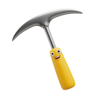 The cartoon pickaxe with a smiling face has a silver head and yellow handle, which could be used for a children's illustration. png