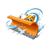 An illustration shows an orange snowplow pushing through water, creating a playful and dynamic image, ideal for weather or transportation contexts. png