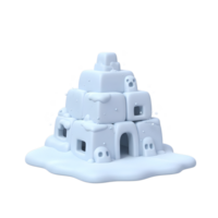 An illustration features a structure made of light blue snow cubes with skull decorations, suggesting a playful and slightly spooky decorative element. png