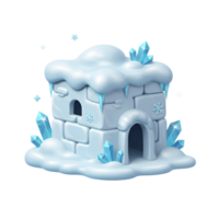 A whimsical snow house is surrounded by ice crystals and snowflakes, perfect for winter-themed designs. png