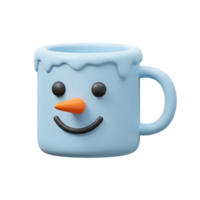 A cheerful light blue snowman-themed mug features a carrot nose and a smiling face, ideal for holding beverages. png