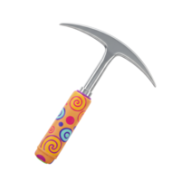 An ice axe with a silver head and a colorful, patterned handle rests on a white background, which might be used for mountaineering. png