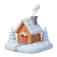 A cozy log cabin sits covered in snow next to Christmas trees and a snowman, creating a festive winter scene suitable for holiday cards. png