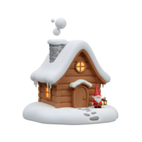 A festive scene featuring a cozy log cabin covered in snow, a gnome holding a lantern, and a snowy ground, creating a charming winter holiday atmosphere perfect for seasonal decorations. png