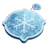 A white snowflake sits atop a blue background with smaller snowflakes and bubbles, accompanied by a thought bubble containing a smaller snowflake to convey winter, coolness, or a holiday theme. png
