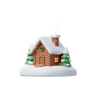 A charming 3D rendering depicts a snow-covered cabin nestled amongst Christmas trees, creating a festive winter scene ideal for holiday-themed designs and greetings. png