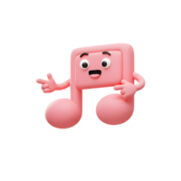 A pink musical note cartoon character points with both hands on a white background, suitable for music related content. png