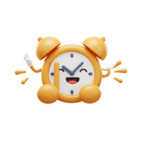 An alarm clock cartoon character with a yellow exterior, smiling face, and waving hands creates a joyful and playful image, suitable for educational or promotional content. png