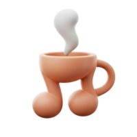 A whimsical 3D rendering shows a coffee cup shaped like a musical note with steam rising from it, ideal for representing music or coffee related themes. png