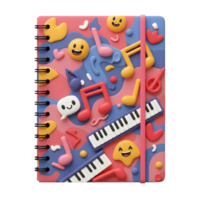This colorful notebook is decorated with emoji and musical notes on a pink and blue background and is perfect for taking notes and writing down your ideas. png