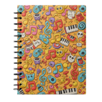 This notebook features a colorful doodle pattern of musical notes, instruments, and characters against a yellow background, making it perfect for journaling and note-taking. png