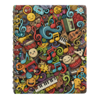 This spiral notebook features an illustration of musical instruments, doodles, and cartoon faces for taking notes. png