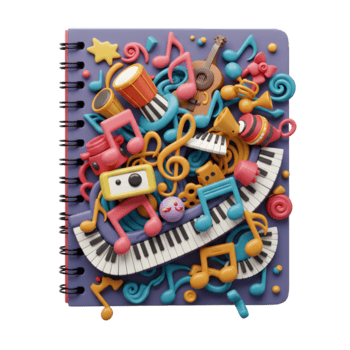 un' taccuino è decorato con colorato musicale strumenti e Appunti, la creazione di un' capriccioso e creativo design Perfetto per musica amanti. png