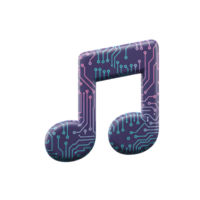 A single music note is depicted with a purple circuit board design featuring blue and pink lines, suggesting a modern and technological approach to music creation or consumption. png