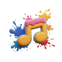A vibrant 3D rendering shows a music note playfully decorated with colorful paint splatters, suitable for use in creative and artistic music-related projects. png