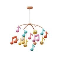 This charming baby mobile features colorful music notes and smiley faces hanging from a circular frame, providing visual and auditory stimulation for infants. png