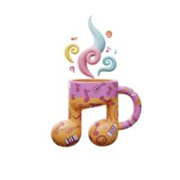 A colorful, music note-shaped coffee cup with rising steam creates a whimsical and joyful atmosphere, suitable for inspiring creativity and musicality. png