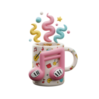 A whimsical cartoon mug is decorated with a musical note and emits colorful party steam, creating a festive mood to celebrate a special occasion. png