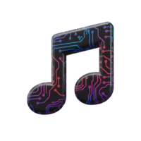 A single music note features a sleek, dark surface with vibrant, colorful circuit board patterns that would be great for music related graphics. png