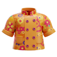 An orange jacket with a colorful floral pattern features purple buttons and pockets, showcasing a unique vintage style for playful fashion. png