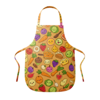 An apron is covered in a pattern of happy fruits and vegetables on a brown background, perfect for cooking. png