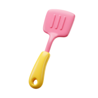 A pink spatula with a yellow handle is displayed in a bright, glossy 3D render and can be used for cooking and baking. png