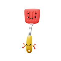 A 3D rendering of a cartoon spatula with a smiling face and small arms is depicted against a white background, ideal for culinary related content. png